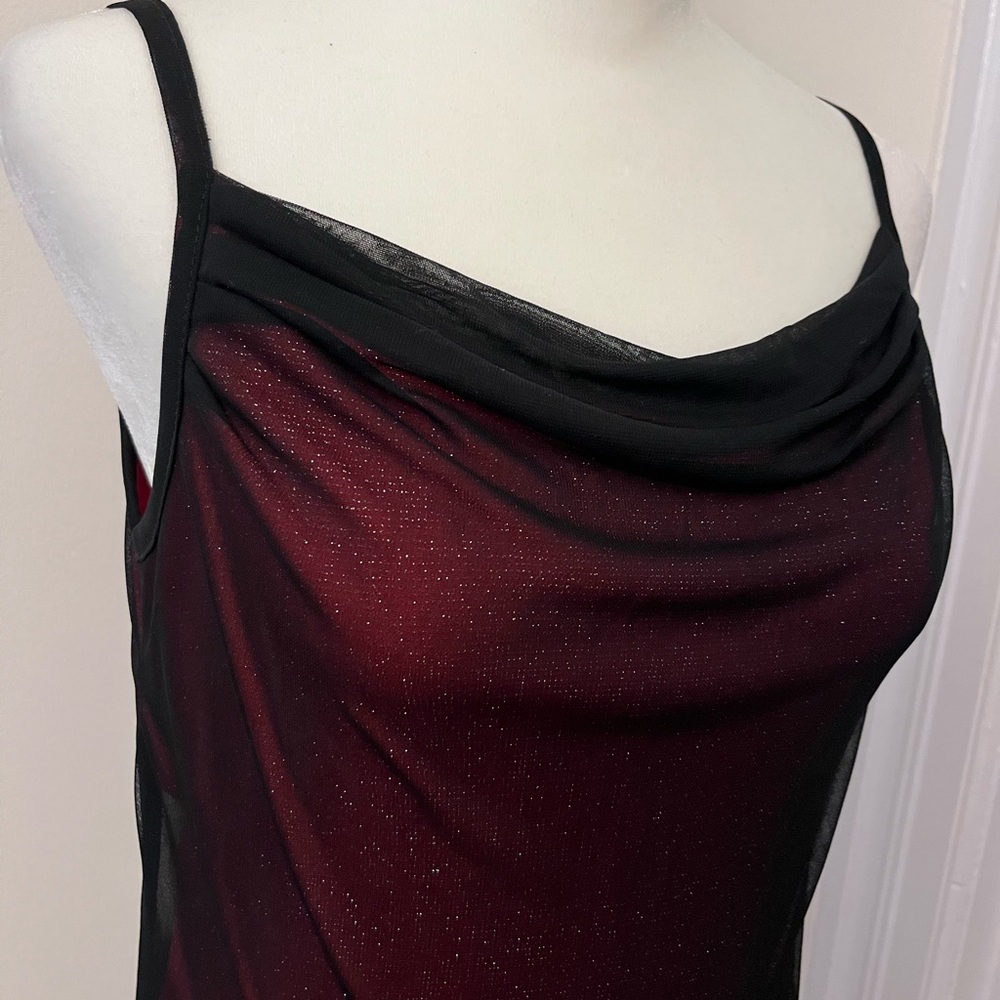 Sheer Sparkle Cowl Neck Tank - Black & Deep Wine